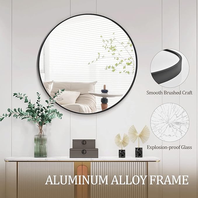 HARRITPURE Round Mirror 15.7" Black Wall Mounted Circle Mirror with Aluminum Alloy Frame Modern Design for Bathroom, Living Room, Vanity, Bedroom, Entryway