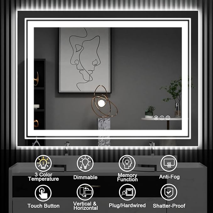Snowdool LED Bathroom Mirror, 60"X28" with Front and Backlit, Anti-Fog, Large Bathroom Vanity Mirror for Wall, Memory Function, Stepless Dimmable, Tempered Glass (Horizontal/Vertical)