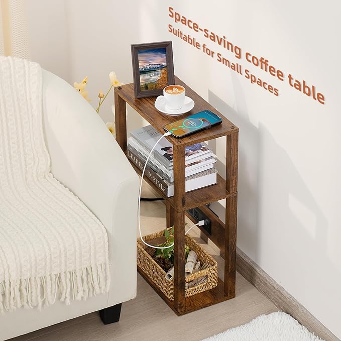YUFAM 3-Tier Small Narrow Wood Side Table with Charging Station, Skinny Nightstand for Small Space, Slim Bedside Table with Storage for Couch, Thin End Table with USB Ports and Outlets, Rustic Brown