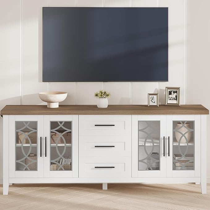 GarveeHome Farmhouse TV Stand with Glass Door for 70 Inch Tv, Mid Century Modern Entertainment Center for Living Room, Rustic Television Stands 2 Storage Door & 3 Drawer for Bedroom (Farmhouse White)