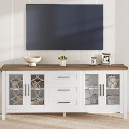 GarveeHome Farmhouse TV Stand with Glass Door for 70 Inch Tv, Mid Century Modern Entertainment Center for Living Room, Rustic Television Stands 2 Storage Door & 3 Drawer for Bedroom (Farmhouse White)