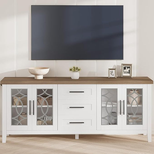 GarveeHome Farmhouse TV Stand with Glass Door for 70 Inch Tv, Mid Century Modern Entertainment Center for Living Room, Rustic Television Stands 2 Storage Door & 3 Drawer for Bedroom (Farmhouse White)