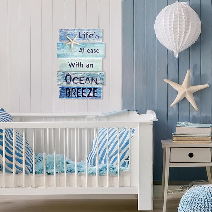 Coastal Wall Decor for Home, Beach Wall Art Wooden Hanging Sign with Starfish Element, Perfect Beach Themed Room Decor and Ocean Decor for Bathroom Bedroom Coastal Living Spaces 11.5" x 17"