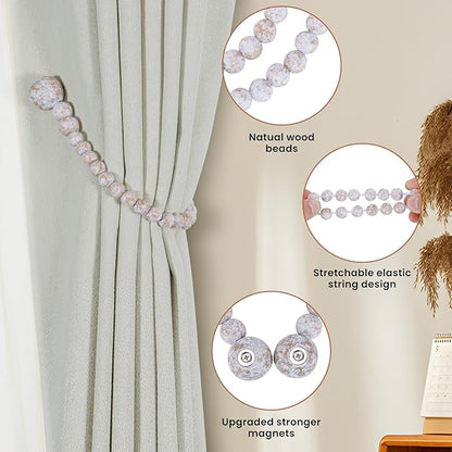 KLOGTSIND Magnetic Curtain Tiebacks, Curtain Tie Backs for Curtains 6 Pack, Wood Bead Curtain Tiebacks, Curtain Holders for Boho Bedroom Decor, Baby Nursery Decor, Farmhouse Decor
