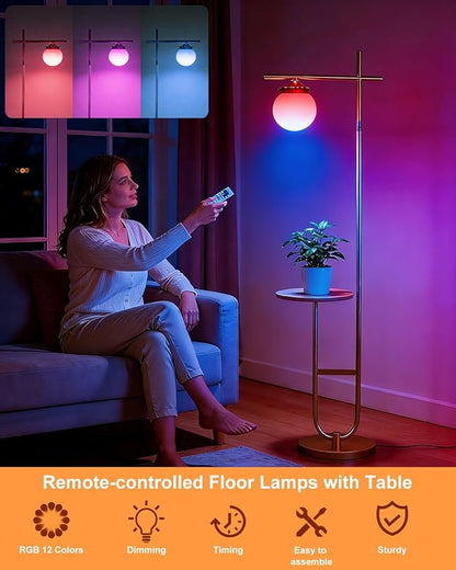 Lightdot RGBCW Floor Lamp for Living Room with Remote, Modern Standing Lamp with Storage Table, Cross-Shaped Lamp Head and U-Pole Base Style for Bedroom, Office, Home Decor, Foot Switch