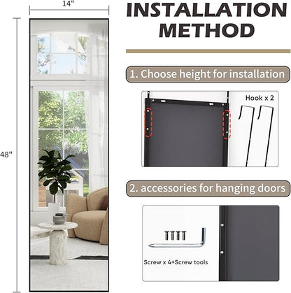 Full Length Door Mirror 14x48, Metal Frame with Protective Film, No-Drilling Hanging or Wall Mount (Horizontal/Vertical), Hooks & Hardware Included, Full Body Mirror for Bedroom, Dorm, Black