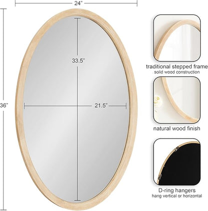 Kate and Laurel Hogan Modern Wooden Oval Wall Mirror; 24 x 36; Natural Wood; Transitional Rounded Mirror for Use as Bathroom Mirror or Entryway Mirror Decor