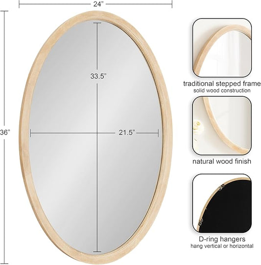 Kate and Laurel Hogan Modern Wooden Oval Wall Mirror; 24 x 36; Natural Wood; Transitional Rounded Mirror for Use as Bathroom Mirror or Entryway Mirror Decor