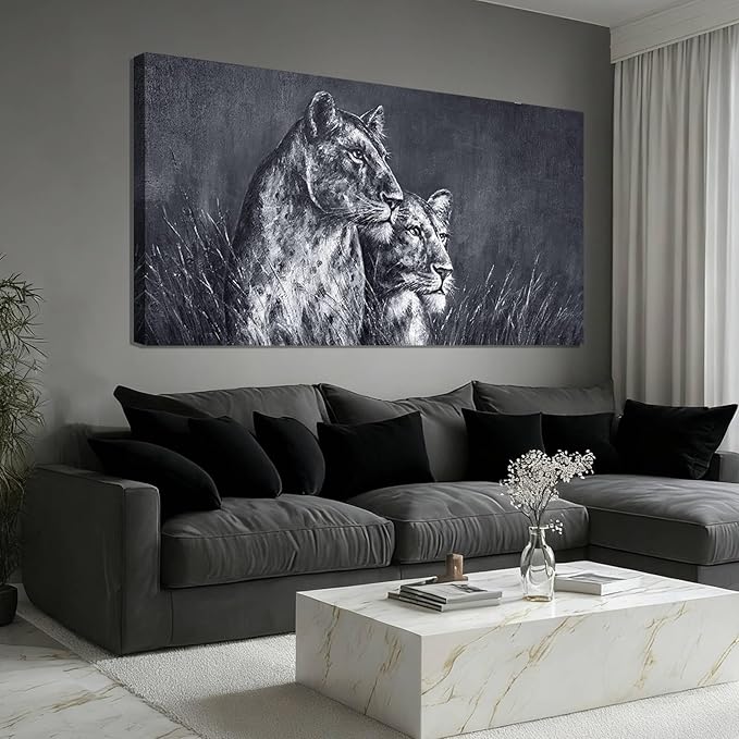 ZENPEE Large Lion Canvas Wall Art - 24"x48" Black and White Spray Print, Modern Animal Wall Decor for Bedroom, Living Room, Office - Ready to Hang