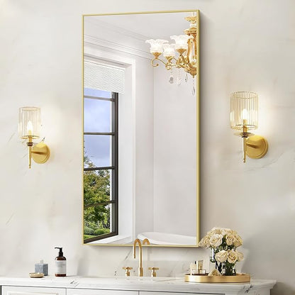 COFENY 48x24In Gold Bathroom Mirror for Wall, Brushed Gold Rectangle Mirrors with Metal Frame, Bathroom Rectangular Mirror Modern Wall Mirror for Bedroom Living Room, Hangs Horizontal or Vertical