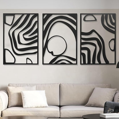 AMAATE 3 Piece Black Metal Wall Art, Modern Abstract Geometric Line Art Sculpture, Minimalist Hollow Out Metal Wall Decor for Living Room Bedroom Home Decor 14.6" X 22.5" in
