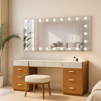 WTTY 60"x30" Hollywood Vanity Mirror with Lights, Wall-Mounted Makeup Mirror with 3 Color Temperatures, Stepless Dimmable Bulbs, Anti-Fog & Shatter-Proof