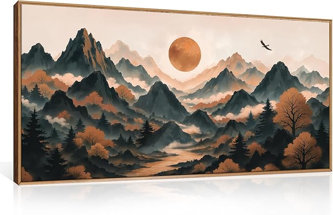 Large Boho Mountain Framed Canvas Wall Art Set,Brown Ridge Landscape Wall Decor,Pine Tree Scenery Wall Painting,Sunrise Abstract Wilderness Art Print for Living Room,Bedroom,Office - 20X40