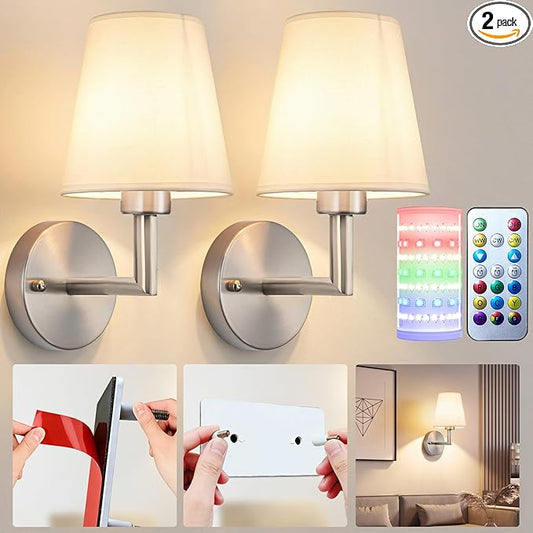 Nekhung Battery Operated Wall Sconces Set of 2, Wireless Wall Light with 10000mAh RGB Dimmable Magnetic Bulb, Rechargeable Wall Sconce with Remote Control for Bedroom Living Room