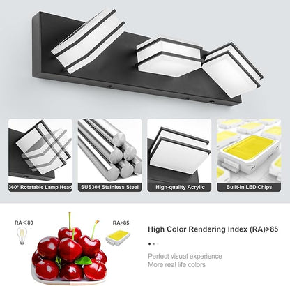GOODATE 3 Color Temperature Dimmable Bathroom Light Fixtures Over Mirror, LED Black 3 Light Vanity Lighting Fixtures, Acrylic Stainless Steel Square Shade Vanity Lights for Bathroom, ETL Certificated