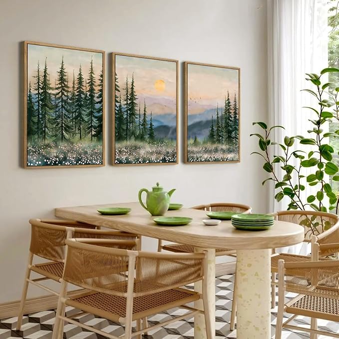 Boho Sunset Forest Framed Canvas Wall Art Set,Colorful Nature Landscape Green Pine Tree Wall Decor, Modern Watercolor Mountain Artwork for Living Room,Bedroom,Office-24 x36 x3