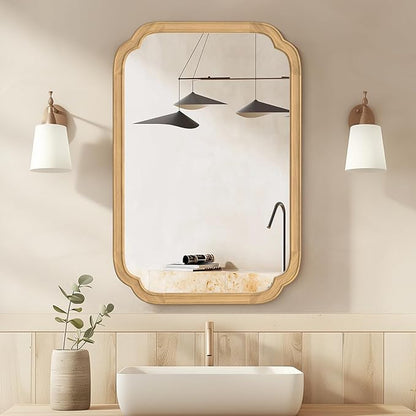 HOMECOOKIN Wood Bathroom Mirror for Wall Decor Arched Rounded Corner Rustic Wood Frame Wall Mirror Home Decorative for Vanity, Living Room, Bedroom, Entryway (20 x 30 inch, Natural)