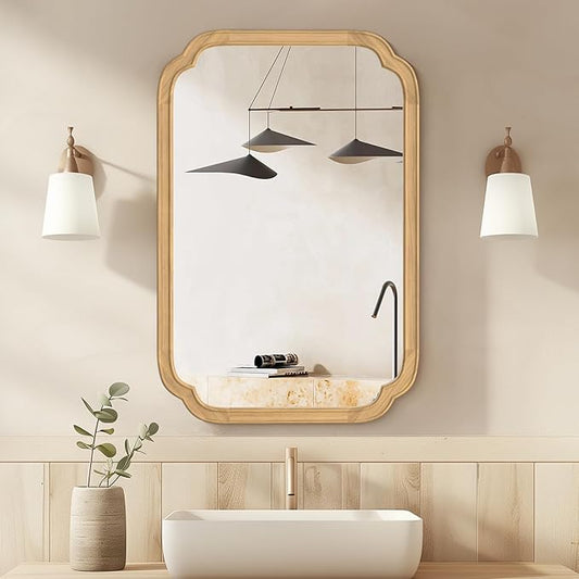 HOMECOOKIN Wood Bathroom Mirror for Wall Decor Arched Rounded Corner Rustic Wood Frame Wall Mirror Home Decorative for Vanity, Living Room, Bedroom, Entryway (20 x 30 inch, Natural)