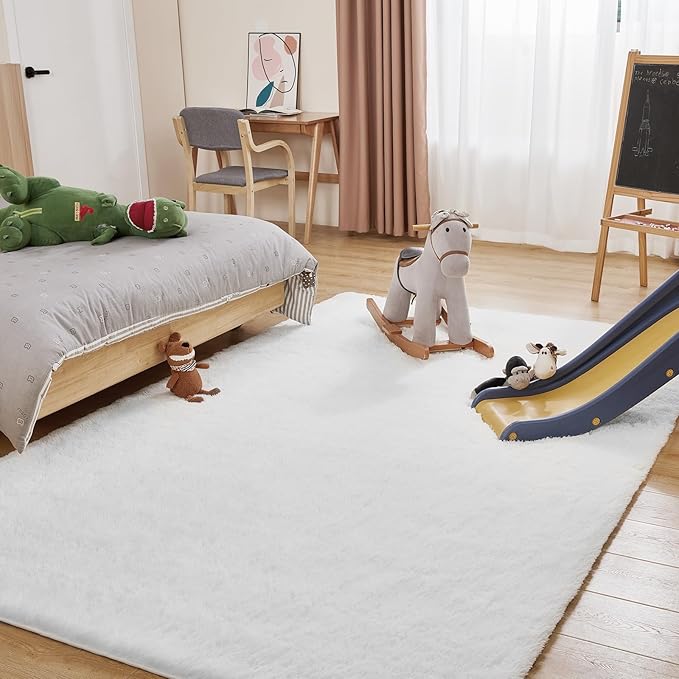 Puremy 6x9 White Area Rugs for Living Room, Fluffy Shaggy Rug for Bedroom, Anti-Skid High Pile Indoor Carpet for Nursery, Kids Room, Bedside, Home Decor