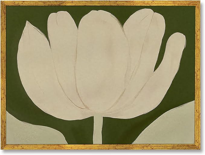 Large Gold Framed White Tulip Canvas Poster Green Modern Botanical Wall Art Elegant Floral Horizontal Boho Painting Prints Retro Stylish Flower Pictures Artwork Aesthetic Wall Decor 24x36inch
