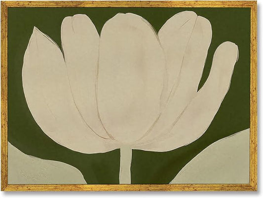 Large Gold Framed White Tulip Canvas Poster Green Modern Botanical Wall Art Elegant Floral Horizontal Boho Painting Prints Retro Stylish Flower Pictures Artwork Aesthetic Wall Decor 24x36inch