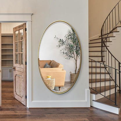 POZINO Oval Beveled Mirror, 28"x48" Brushed Gold Bath Mirror with Stainless Steel Frame, Modern Vanity Wall Mirrors for Living Room Bedroom Hallway Entryway, Hangs Vertically or Horizontally