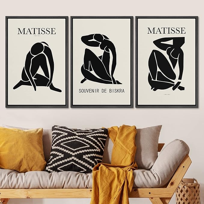 SIGNLEADER Framed Canvas Print Wall Art Set Duotone Matisse Nude Dancer Portrait Trio Abstract Shapes Illustrations Modern Art Boho Decorative for Living Room, Bedroom, Office - 24"x36"x3 BLACK