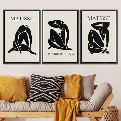 SIGNLEADER Framed Canvas Print Wall Art Set Duotone Matisse Nude Dancer Portrait Trio Abstract Shapes Illustrations Modern Art Boho Decorative for Living Room, Bedroom, Office - 24"x36"x3 BLACK
