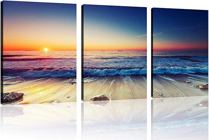 TutuBeer 3 Panels Beach Home Beach Decor Sea Wall Art for Home White Ocean Sea Sunrise with Deep Blue Sky Ocean Pictures Seascape Art for Wall Seascape Art 12" x 16" x 3 Pieces