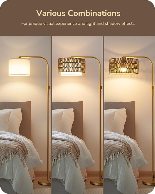 EDISHINE Rattan Floor Lamp for Living Room with Remote & Dimmable LED Bulb,63'' Mid Century Rattan Fabric Shade Standing Lamp with 5 Color Temperature, Farmhouse Boho Standing Lamp for Bedroom Office