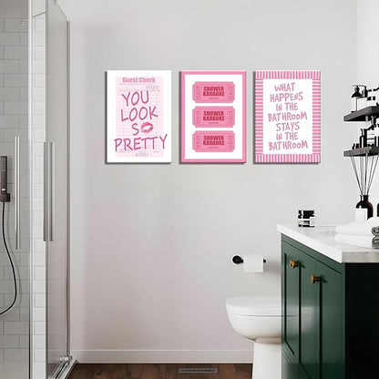 JBZDD 3Pcs Framed Preppy Pink Bathroom Wall Art Set, Funny Guest Check & Shower Karaoke Stamp Canvas Posters, Trendy Indie Pop Room Decor for Women Powder Room Restroom 12x16in