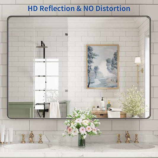 WEER Black Bathroom Mirror for Wall, 50X36 Inch Matte Black Mirror, Rectangular Black Metal Framed Vanity Mirror with Tempered Glass, Rounded Corner, Anti-Rust (Horizontal/Vertical)