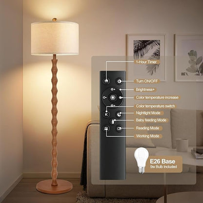 ZECOXOL Wood Floor Lamp with 3 Color Temperatures,Boho Floor Lamp with Remote Control,Dimmable Vintage Floor Lamp Mid Century Modern Standing Lamp Farmhouse Tall Pole Lamp for Living Room Bedroom