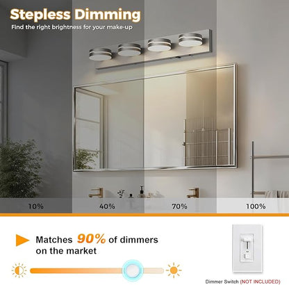 26" Motion Sensor Vanity Light Brushed Nickel, 3CCT 4-Light Modern LED Bathroom Lighting Fixtures Over Mirror, Dimmable Rotatable Head Wall Sconce, 3000K-6000K Color Selectable