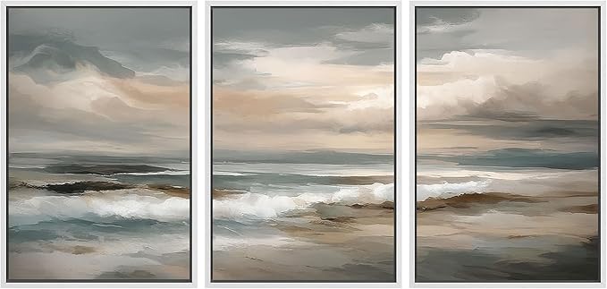 SIGNLEADER Framed Canvas Print Wall Art Set Soft Neutral Coastal Waves Muted Teal and Beige Ocean Illustrations Minimal Decorative Bohemian Nordic for Living Room, Bedroom, Office - 16"x24"x3 WHITE