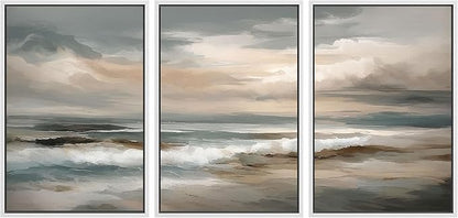 SIGNLEADER Framed Canvas Print Wall Art Set Soft Neutral Coastal Waves Muted Teal and Beige Ocean Illustrations Minimal Decorative Bohemian Nordic for Living Room, Bedroom, Office - 16"x24"x3 WHITE