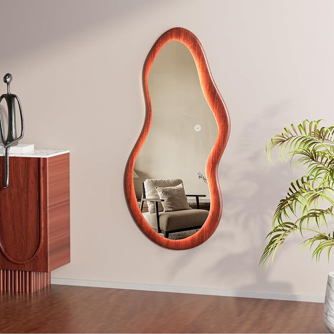 48"x 24" LED Wood Full Length Mirror with Lights Irregular Wavy Full Body Mirror Shatter-Proof Hanging/Leaning Wall Mounted Walnut Wooden Framed for Dressing Bedroom Living Room