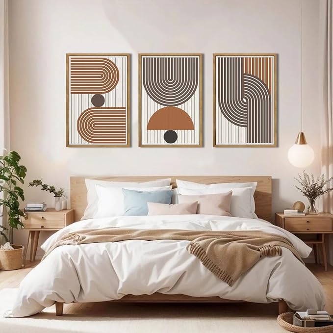 DRACIT Large Modern Mid Century Boho Wall Art Set,Abstract Geometric Wooden Wall Decor,Neutral Minimalist Arch Lines Artwork Beige Orange Brown Wood Grain Art Decor for Living Room,Bedroom,Office-16x24Inch x3