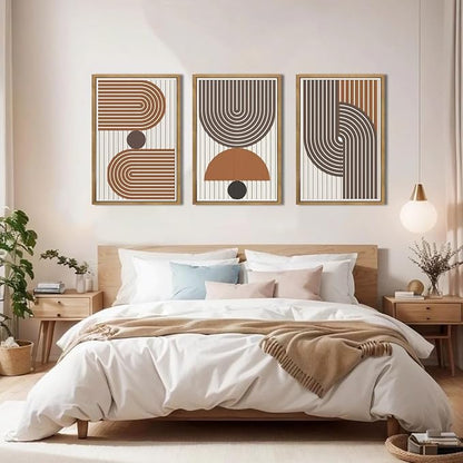 DRACIT Large Modern Mid Century Boho Wall Art Set,Abstract Geometric Wooden Wall Decor,Neutral Minimalist Arch Lines Artwork Beige Orange Brown Wood Grain Art Decor for Living Room,Bedroom,Office-16x24Inch x3