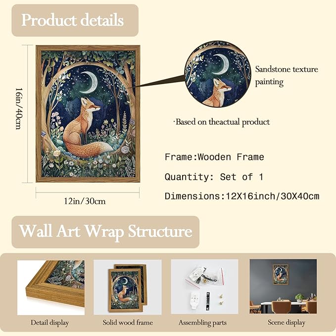 Framed 3D Textured Vintage Wall Art - Cottagecore Hand Drawn Sandstone Fox Paintings Wall Decor, Whimsical Forest Animal Floral Botanical Aesthetic for Bedroom Living Room Nursery 12x16 inch
