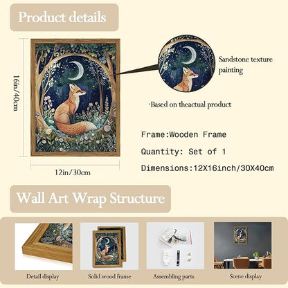 Framed 3D Textured Vintage Wall Art - Cottagecore Hand Drawn Sandstone Fox Paintings Wall Decor, Whimsical Forest Animal Floral Botanical Aesthetic for Bedroom Living Room Nursery 12x16 inch