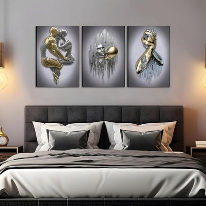 Modern Bedroom Wall Art Set of 3-3D Metal Effect Couple Canvas Paintings Wall Decor, Abstract Figure Statue Art Prints for Living Room Home Decor - 12x16in Framed