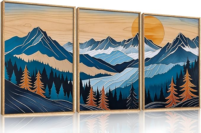 Celestdeco Boho Vintage Mountain Framed Canvas Wall Art Set, Blue Abstract Ridge Wall Decor, Woodcut Pine Tree Landscape Wall Painting, Sunrise Forest Art Print for Living Room, Bedroom, Office - 16"X24"X3
