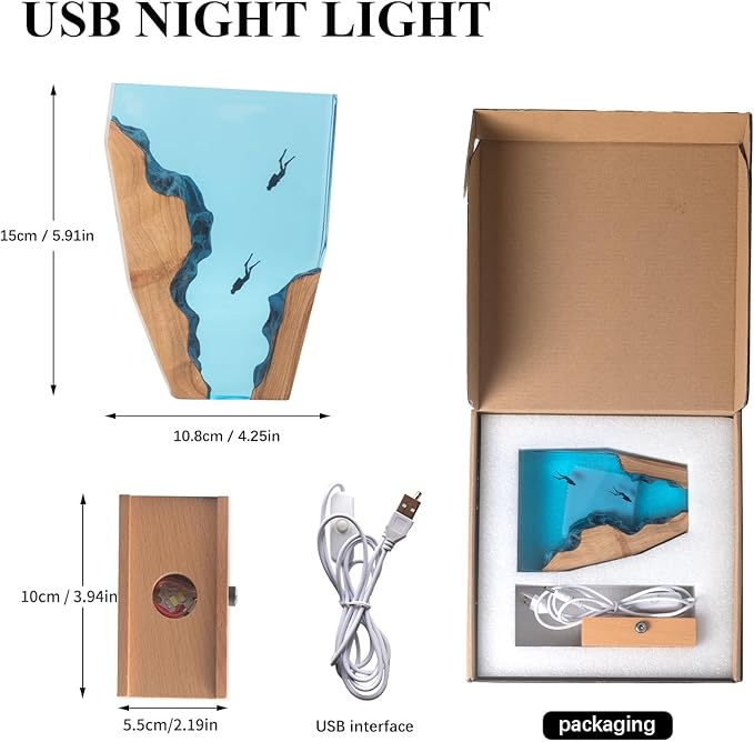 Epoxy Resin Lamp, Ocean Night Light,Artistry Home Decor Bedside Nightlight, Unique Resin Lighting, Nightstand Decorations for Bedroom, Suitable for Holidays(6inch-Two Divers)