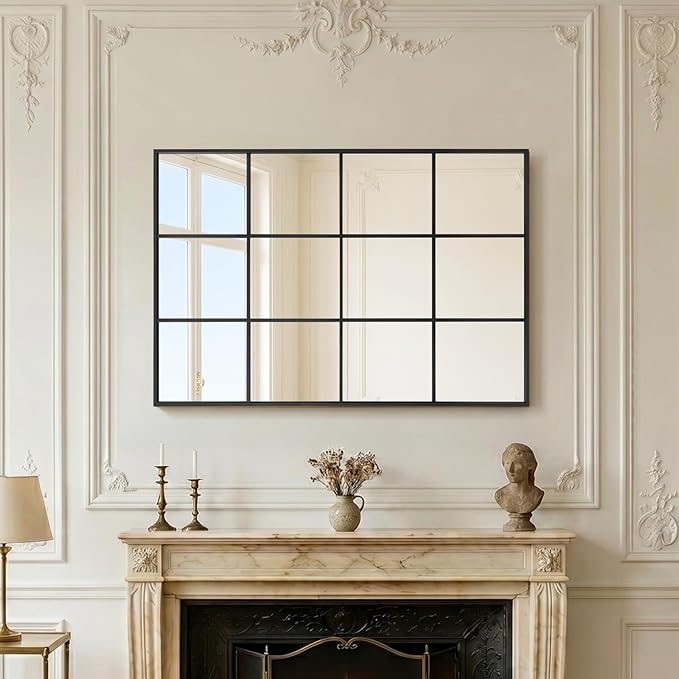 Anpark Windowpane Wall Mirror 30"x48" Black Wall Mounted Art Pane Mirror Farmhouse Decorative Mirror Leaning Hanging Wall Mirror for Bedroom Living Room Entrance Hallway Wall Decor