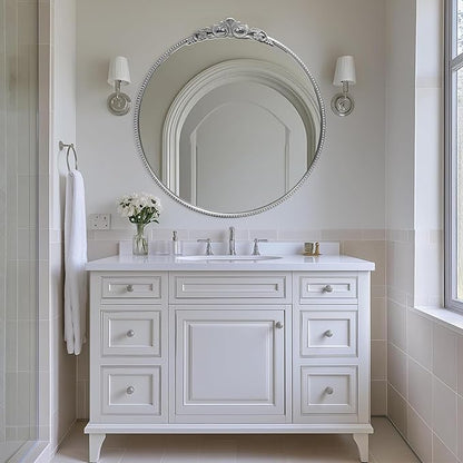 30'' Antique Silver Round Wall Mirror with Metal Flower Carving Frame, Small Vintage Retro Baroque Mirror Ornate, Vanity Mirror for Bathroom, Fireplace,Entryway, Living Room