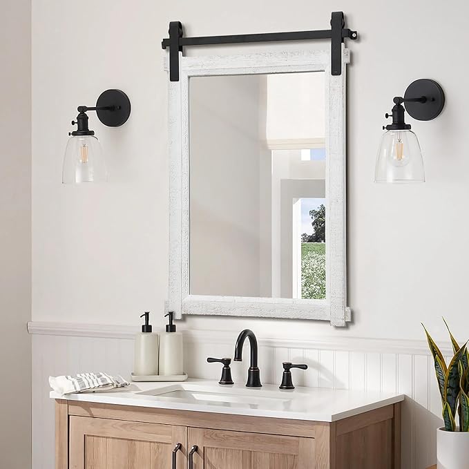 Besdomus Bathroom Farmhouse Wall Mirror: 24"x36" White Farmhouse Solid Cedar Wood Frame - Wall Vanity Mirror for Bedroom/Entryway/Bathroom Upgrade - Rustic Wall Decor for Homemakers