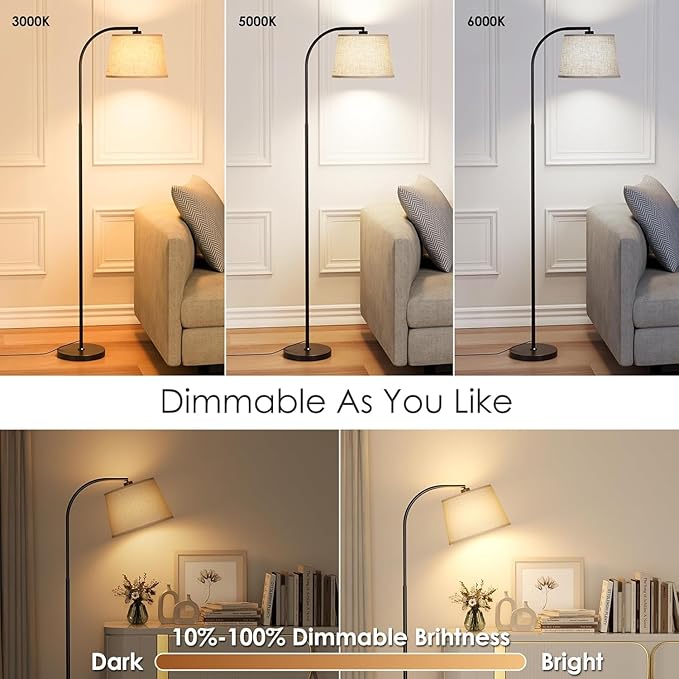 Floor Lamps for Living Room, 64" Arc Floor Lamp with 6000K & Stepless Dimmable,350°H/180°V Rotatable Shade and Remote Control,Black Tall Standing lamps for Bedroom and Office(9W Bulb Included)