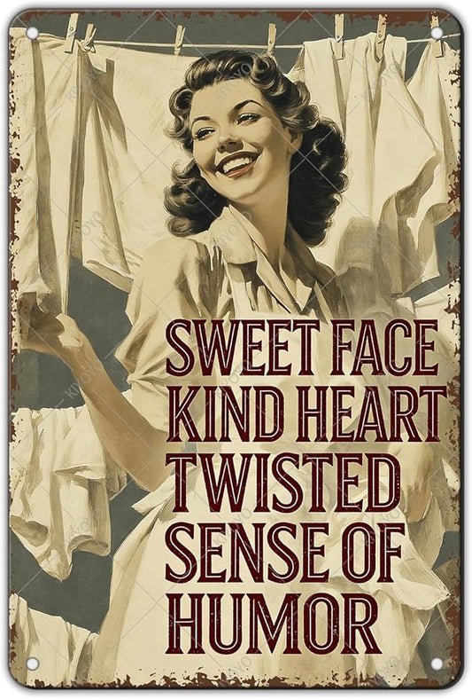 Laundry Room Wall Decor Sweet Face Kind Heart Twisted Sense Of Humor Metal Tin Sign Farmhouse Rustic Art Plaque Rustic Laundry Decor 12x8 Inch