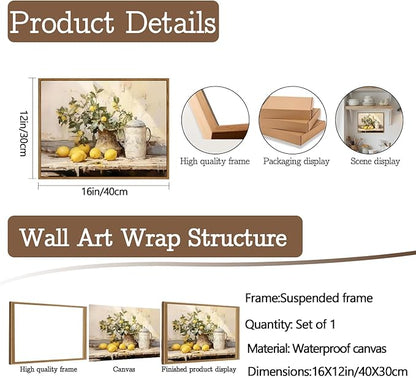 Vintage Kitchen Wall Art, Yellow Lemon Still Life Wall Decor Paintings, Rustic Farmhouse Artwork Canvas Posters Prints Pictures for Living Room Bedroom Home Decor 12x16 Inch Floating Framed